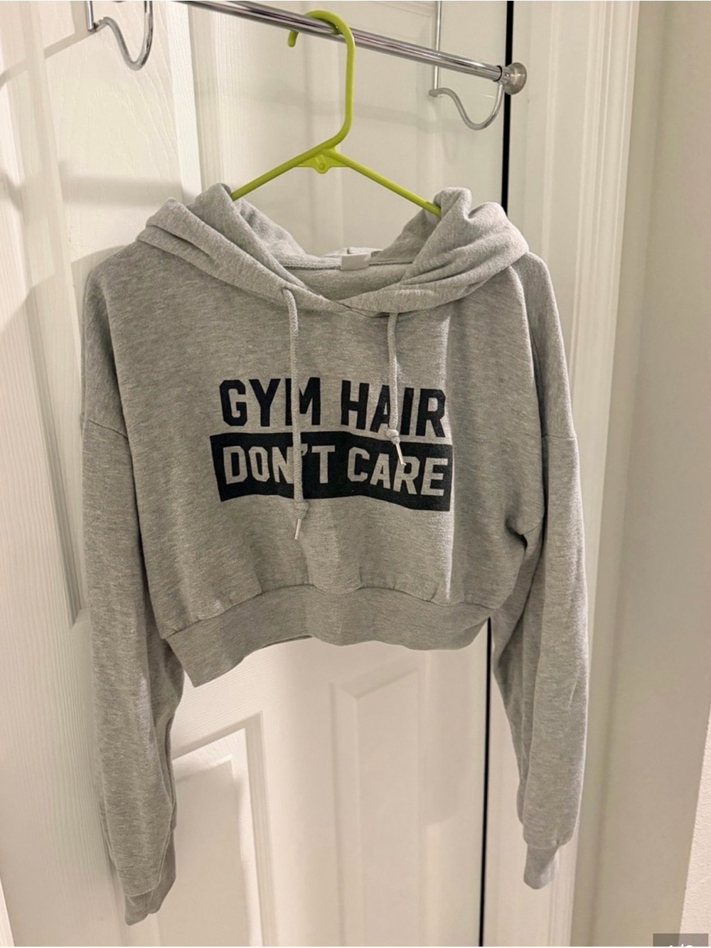 Women's Gray Cropped Hoodie Sweatshirt - 'Gym Hair Don't Care' - Picture 3 of 3